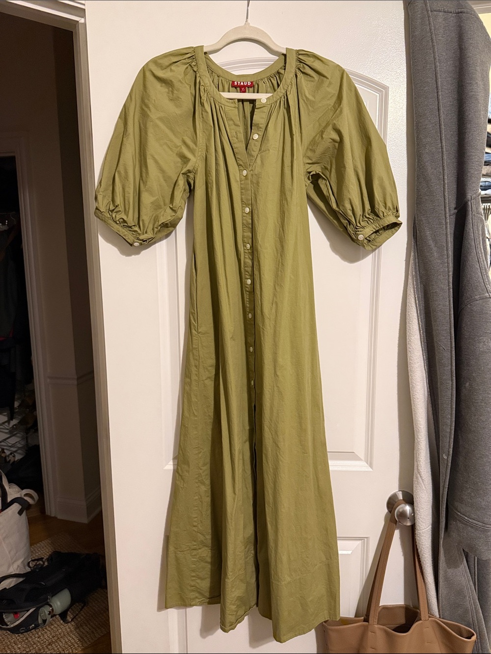 Staud Khaki Vincent Puff-Sleeve Button-Front Women’s Dress - Picture 4 of 6
